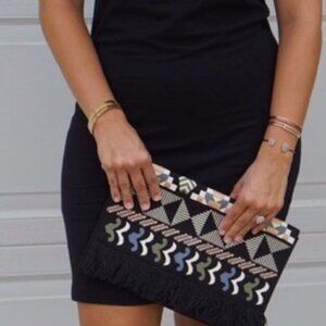 STELLA & DOT Taj Embroidered Fringe Clutch Black NWOT